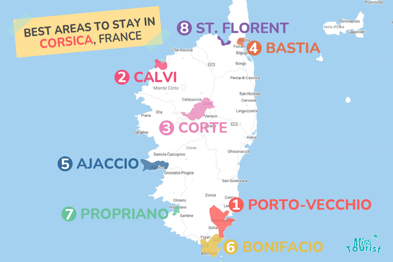 Map of best places to stay on Corsica